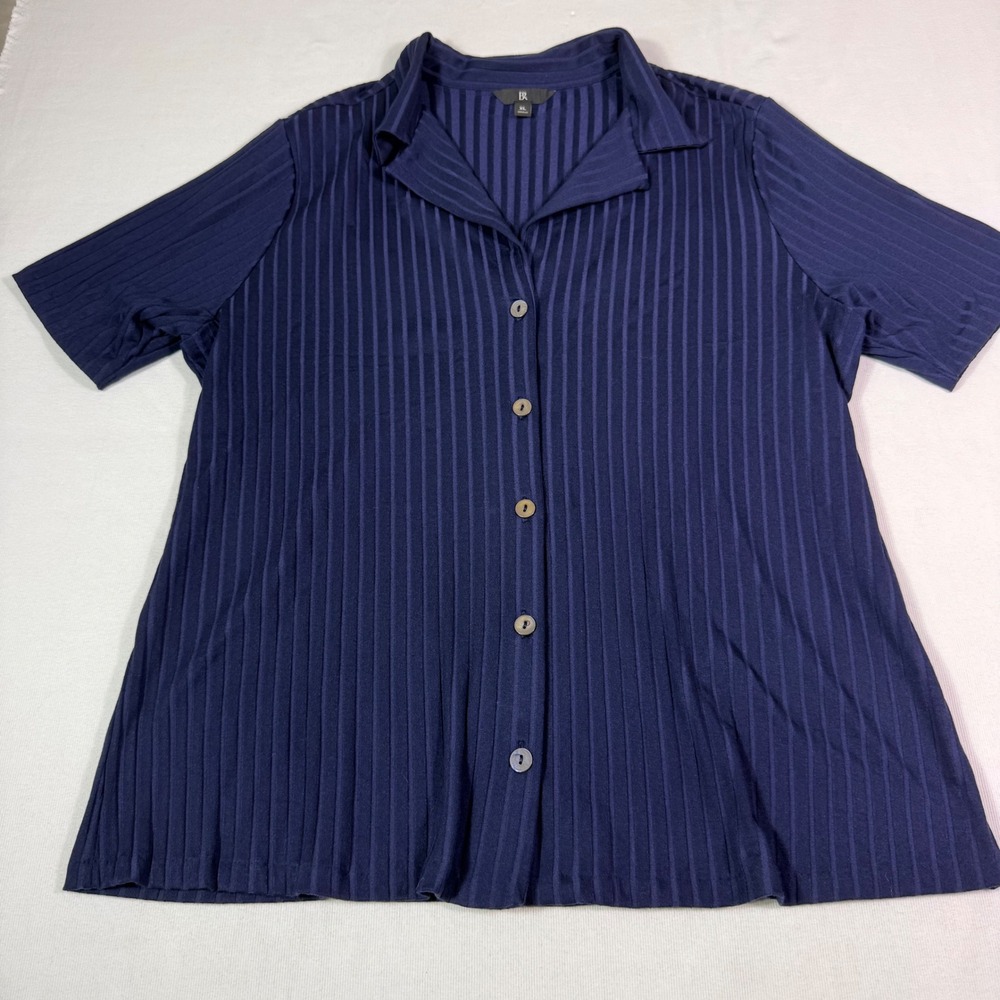 Banana Republic Ribbed Button Down Top XL Navy Blue Short Sleeve Camp Collar
